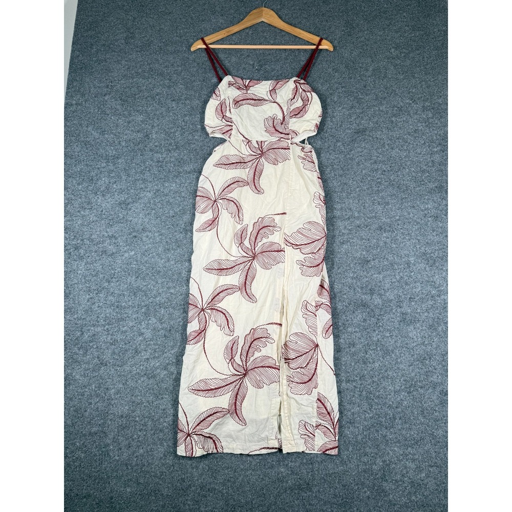 Zara Maxi Summer Dress Womens Small Cream Red Leaf Embroidered Cut-Out Bohemian